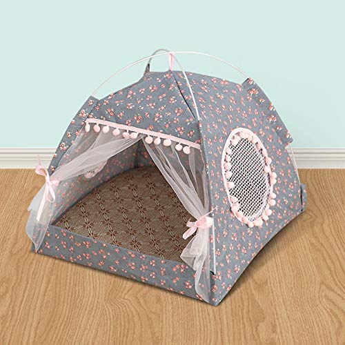Grey Pet Dog & Cat Tent Summer Cooling Dog House Kennel with Removable Washable Cushion Pillow Portable Folding Puppy Bed Cozy Pet Playpen