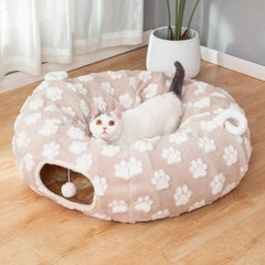 LUCKITTY Cat Tunnel Bed for Indoor Cats - Round Tunnel Donut Small Dog Calming Cute Modern Pet Beds with Jacquard Shaggy Plush & Anti Slip Bottom Khaki