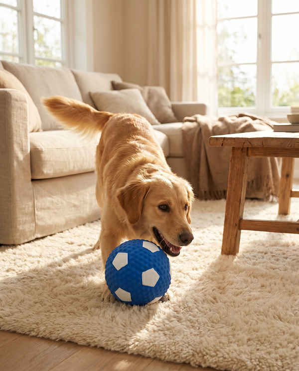 Dog playing with the latex football chew toy